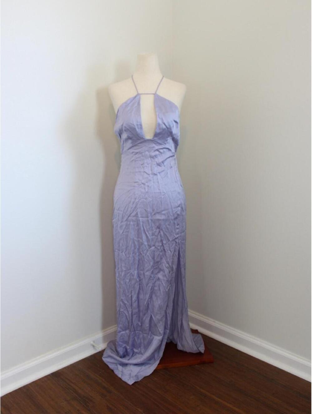 L'Academie Prisca Gown in Lavander. satin dress with slit and open back. Size S